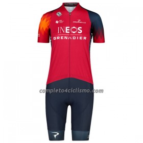Completo Maglia + Pantaloncino con bretelle 2023 INEOS Grenadiers Manica Corta Rosso Blu Scuro Donna